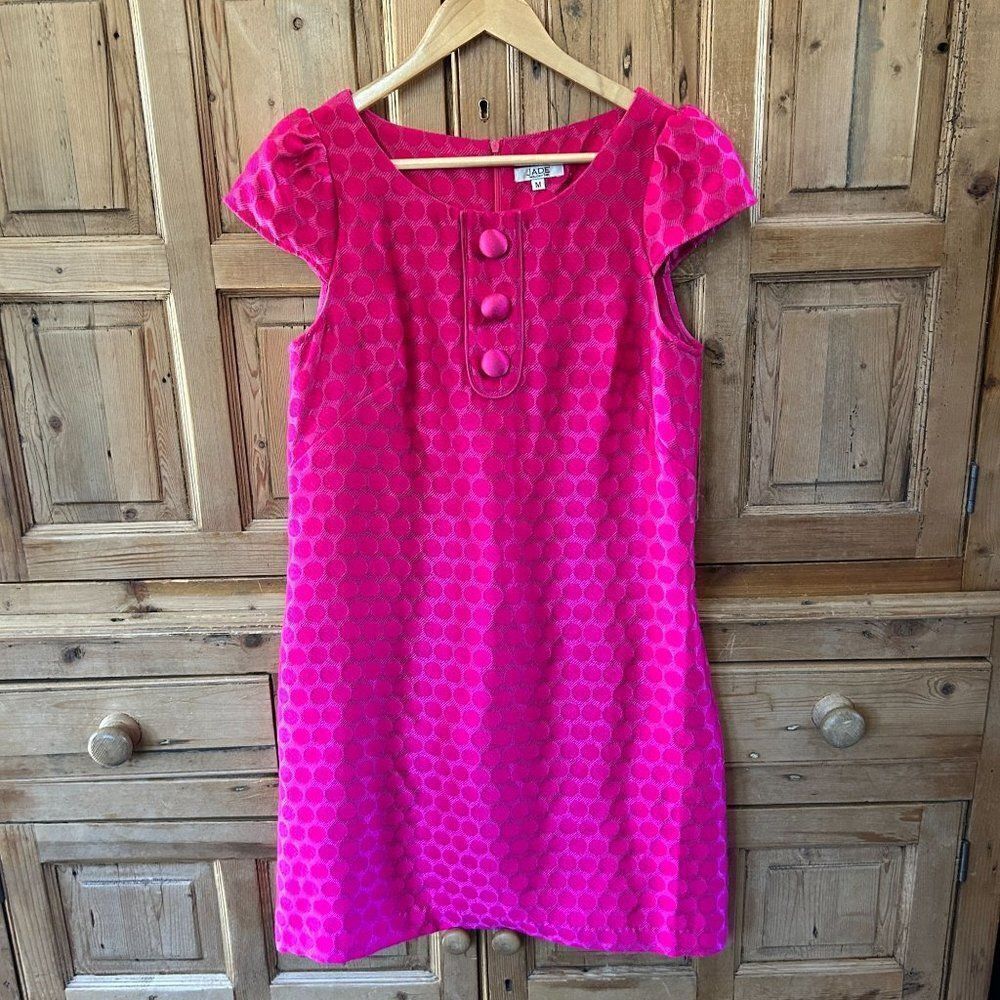 Jade Melody Tam Medium Dress Pink Polka Dot Shift Knee Length Zip Pockets Button